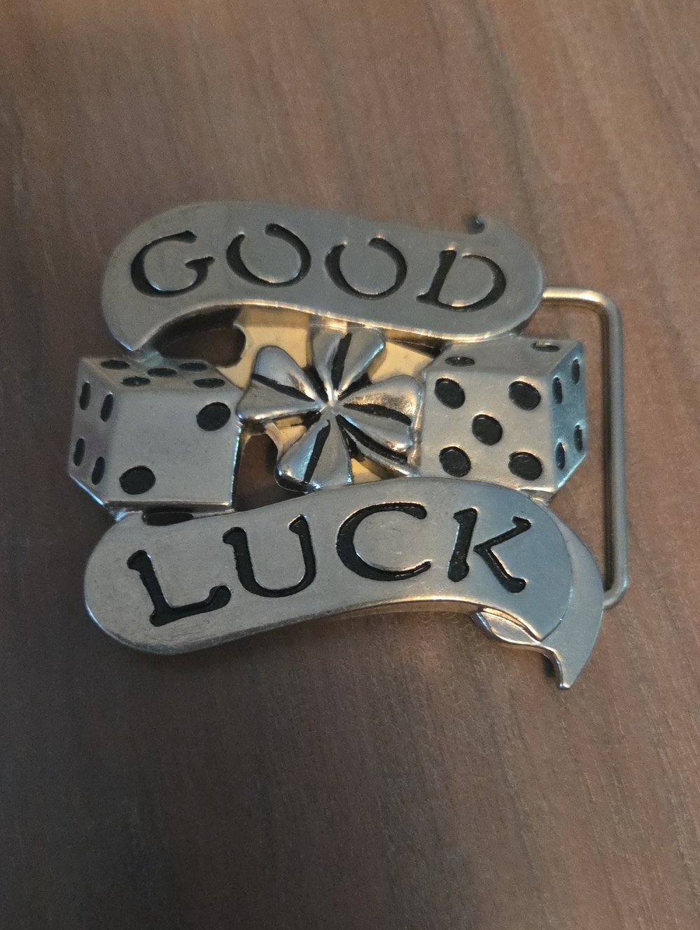 Buckle Silver 'Good Luck' Dice & Clover Western Belt Buckle